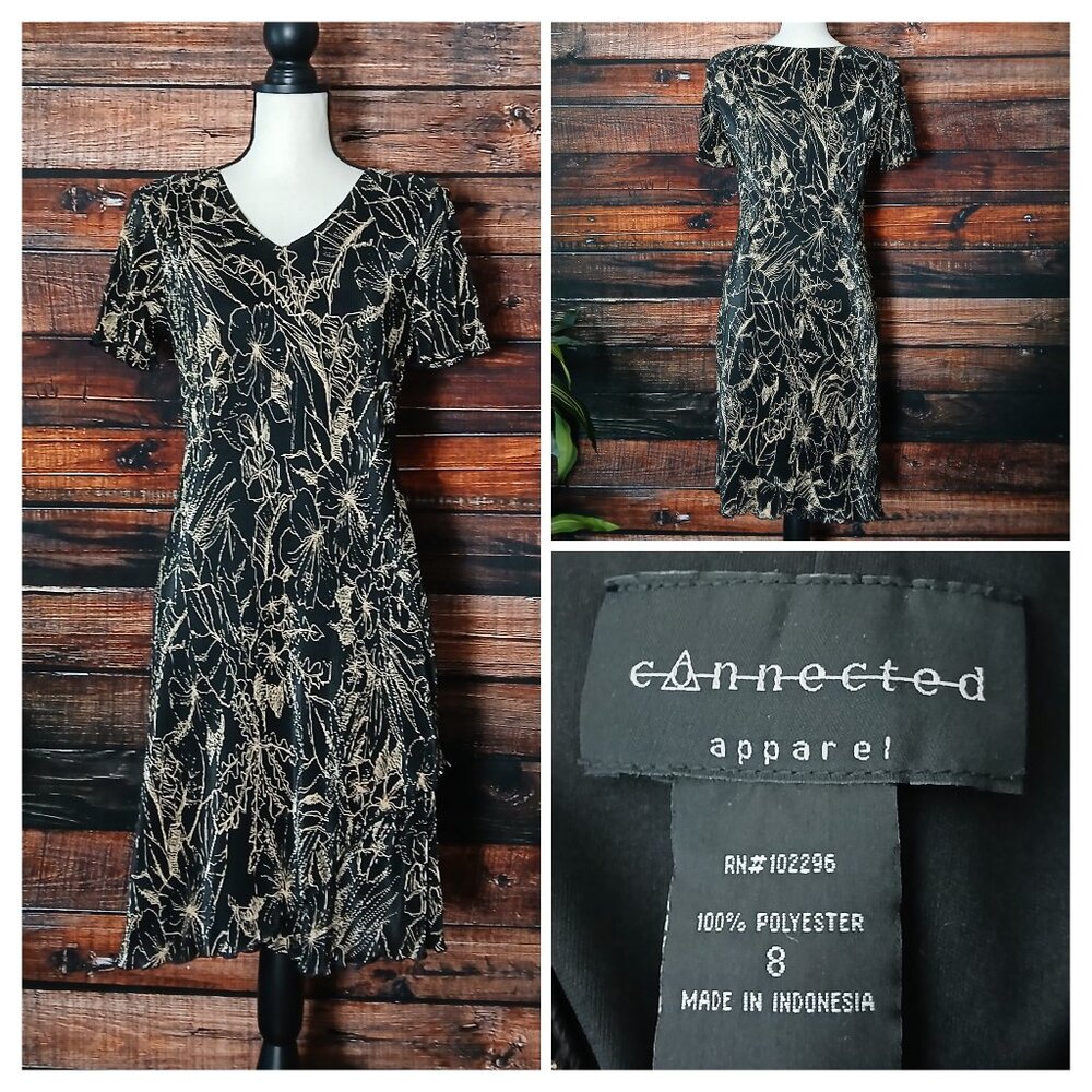Connected Apparel Dress 8 Black Tan Floral Ribbed Textured Layered Lined